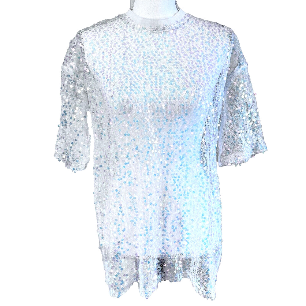 REHAB LAB Womens Short Sleeve White Sequin‎ Pullover Blouse Top SZ S Oversized
